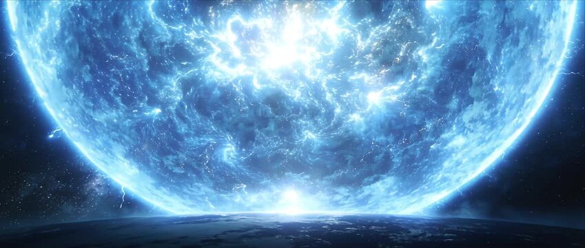 Cosmic energy blue planet space horizon sci fi sky glowing galaxy view cosmic storm fantasy universe vast blue plasma sphere glows above horizon radiant electric light space explosion dramatic