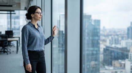 Fototapeta premium Confident Businesswoman Looking Out Office Window at City Skyline.