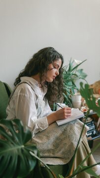 Young woman with curly hair writing in a notebook while sitting on a couch surrounded by plants