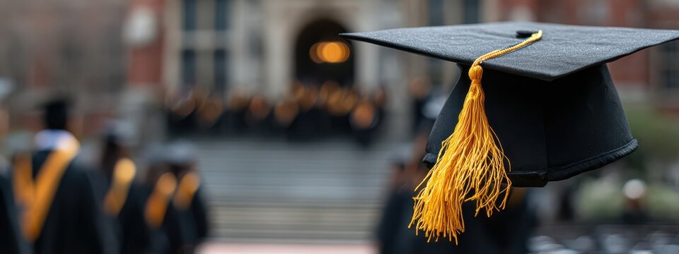 Close up view of academic graduation cap with golden tassel with students gathering outside building graduation academic education university ceremony commencement achievement graduate