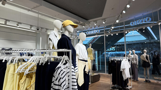 Minsk, Belarus 12 05 2026 Clothes magazine shop in Dana moll , man and women modern clothes mannequin shopping 