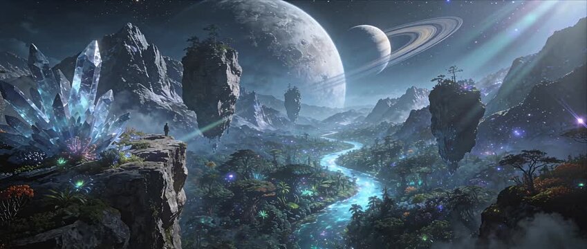 Fantasy landscape alien planet epic scenery glowing river crystal mountain crystal rock otherworldly valley night sky space art science fiction surreal nature cosmic sky starry sky cosmic light