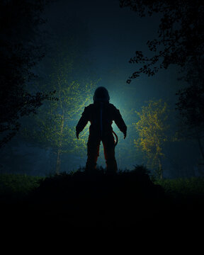 Dramatic Standing Astronaut Spacesuit Dark Forest Mysterious Night Scene Sci Fi Surreal Misty Atmosphere Trees Glowing Helmet 3d illustration