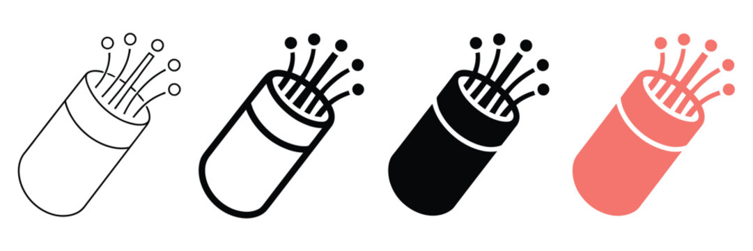 Fiber optic cable icons featuring minimalist high speed internet and data communication symbols with transparent background for network connectivity concepts. Vector illustration.