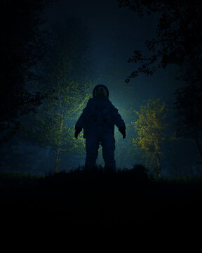 Dramatic Standing Astronaut Spacesuit Dark Forest Mysterious Night Scene Sci Fi Surreal Misty Atmosphere Trees Glowing Helmet 3d illustration