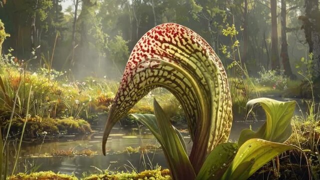 A unique plant with a patterned hood grows in a lush, green wetland area