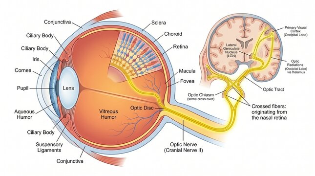 Illustration of the structure of the eye with the optic nerve pathways highlighted, scientifically detailed, clear and high-quality image on an isolated background.