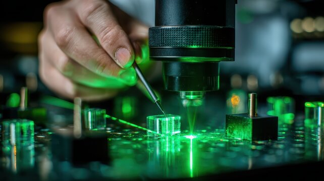 8K Ultra HD Closeup of a scientists hand using a precision tool to adjust a laser experiment on an optical breadboard in a laboratory setting image