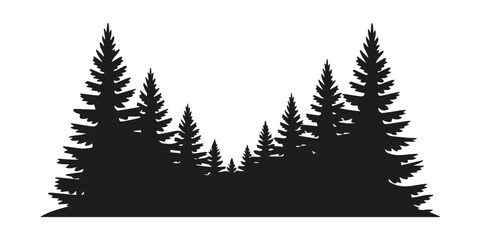 Minimalist black pine forest landscape with coniferous trees horizon for outdoor adventure silhouette vector icon © VEC Wizard