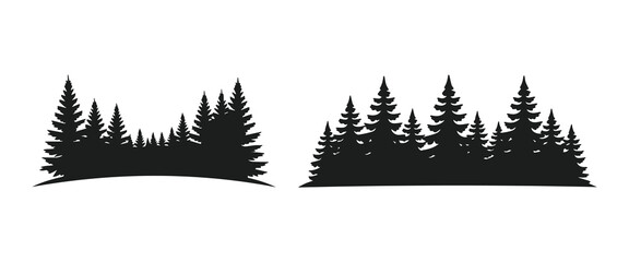 Minimalist black two pine forest landscape with coniferous trees horizon for outdoor adventure silhouette vector icon © VEC Wizard