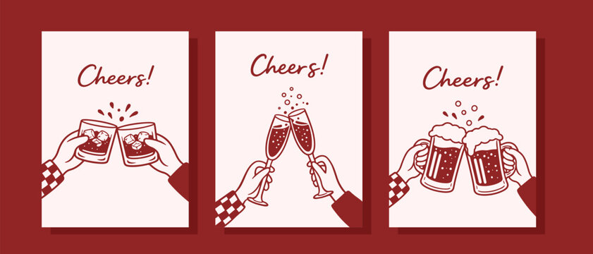 Cheers cards with clinking glasses, beer mugs and champagne, hand drawn celebration illustrations, festive design for parties and holidays