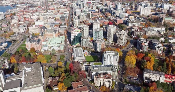 Aerial view of BC Legislative Parliament Building near harbor in Victoria, British Columbia, Canada