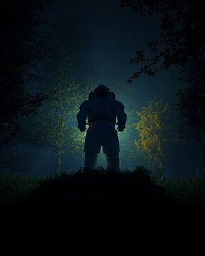 Dramatic Standing Astronaut Spacesuit Dark Forest Mysterious Night Scene Sci Fi Surreal Misty Atmosphere Trees Glowing Helmet 3d illustration