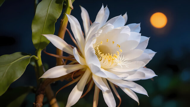 White epiphyllum flower under orange moon