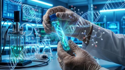 Obraz premium Gloved scientist in a futuristic laboratory holding a glowing test tube, with floating DNA helix and molecular models, representing cutting-edge biotechnology and genetic research.