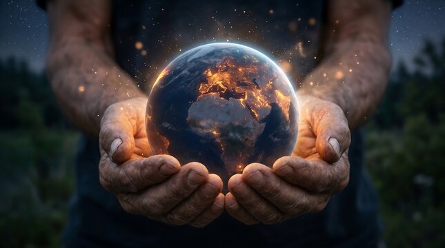 Human hands gently cup a luminous Earth, sparkling with vibrant city lights against a starry night sky, symbolizing global connection and our shared future.