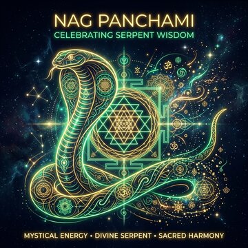 Nag Panchami Abstract Sacred Geometry Banner &mdash; Cobra Silhouette with Cosmic Sri Yantra Pattern
