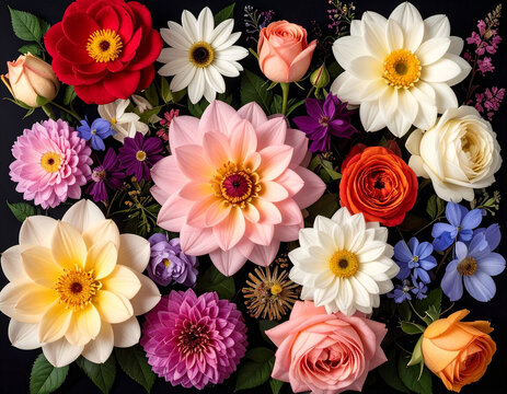 Collage decorativo de flores naturales de colores sobre , composici&oacute;n floral elegante con rosas, dalias y margaritas, dise&ntilde;o bot&aacute;nico para decoraci&oacute;n, celebraciones dise&ntilde;o e invitaciones elegantes