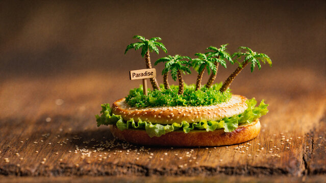 tiny tropical island paradise on top of a hamburger bun with sesame seed palm trees, wooden table, warm golden hour light
