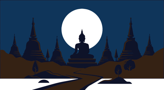 Serene buddha silhouette sitting before a full moon and ancient temple pagodas in a tranquil nocturnal landscape with silhouette landscape meditation spirituality buddhism