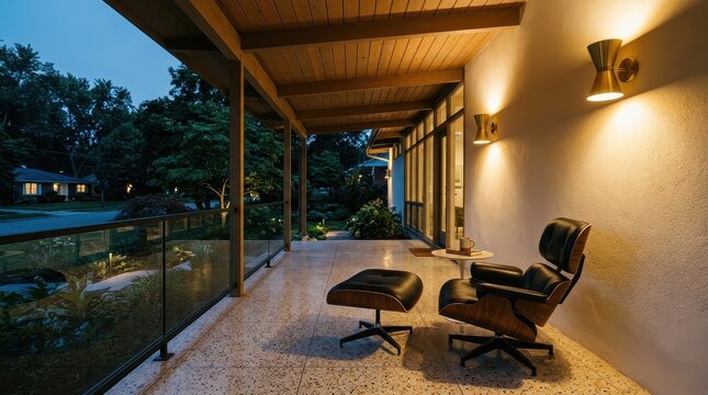 Mid-century modern porch with eames lounge chair and ottoman at dusk
