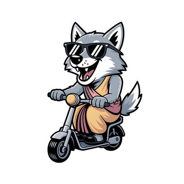 Cool Cartoon Wolf with Sunglasses Riding a Scooter Wearing a Traditional Lungi