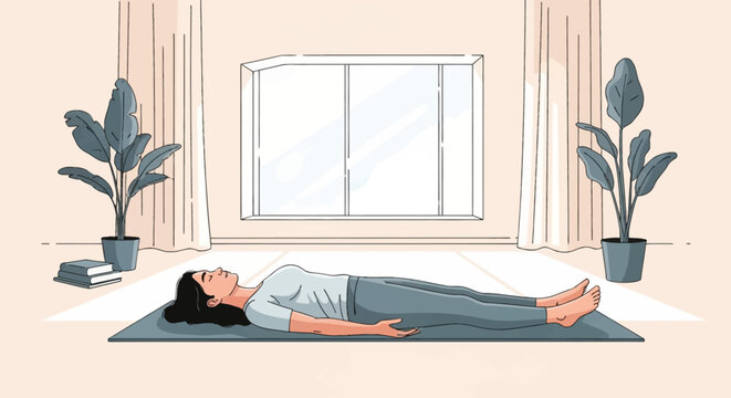 Vector illustration of a woman practicing body scan meditation or corpse pose while lying on a yoga mat in a minimalist interior living room with plants and a large window.