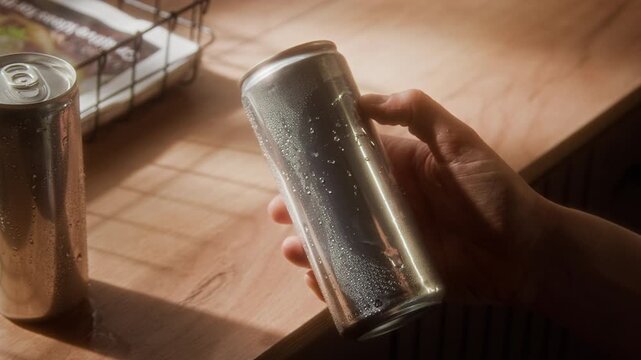Close up shot of female hand holding aluminum can with condensation droplets on shiny surface lit by sunlight, enjoying cold refreshment drink in summer, copy space