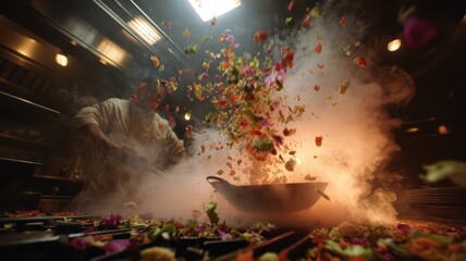 8K Ultra HD Professional chef stirfrying fresh vegetables in a flaming wok in a commercial kitchen image © HugePNG