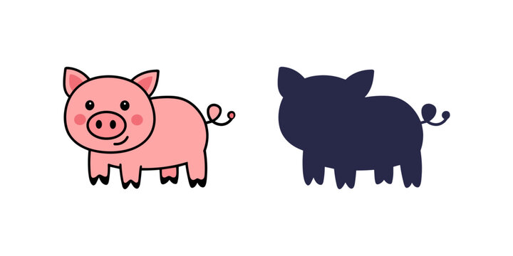 Cute pig cartoon illustration and silhouette, simple farm animal character in flat style, minimal design for icons, stickers and children graphics