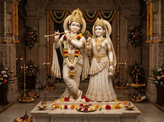 Radha Krishna Marble Idols in Decorated Hindu Temple