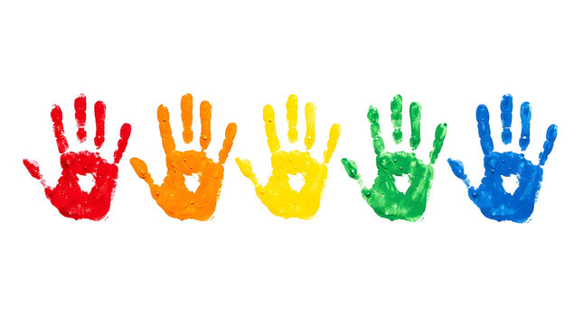 Colorful handprints in a rainbow of diverse colors symbolizing unity, friendship, and inclusion
