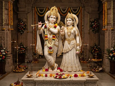 Radha Krishna Marble Idols in Decorated Hindu Temple