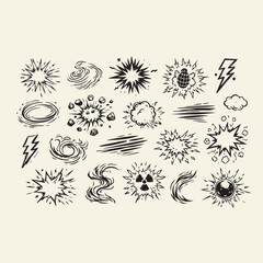 Vintage comic book explosion set, hand drawn action effect icons, retro sketch boom and blast vector elements for graphic design © usman
