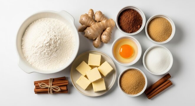 Baking ingredients arranged for delicious gingerbread cookies or spice cake, ready for preparation