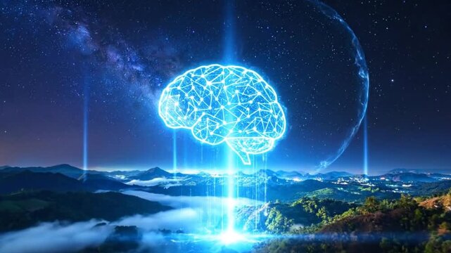 A glowing brain illustration above a landscape with a starry night sky backdrop