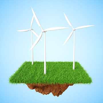 Wind turbines on grass field. Renewable energy source concept. 3d-rendering