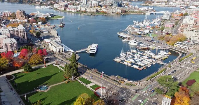 Aerial view of BC Legislative Parliament Building near harbor in Victoria, British Columbia, Canada