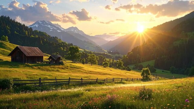 A beautiful landscape with a wooden cabin and a bright, shining sun