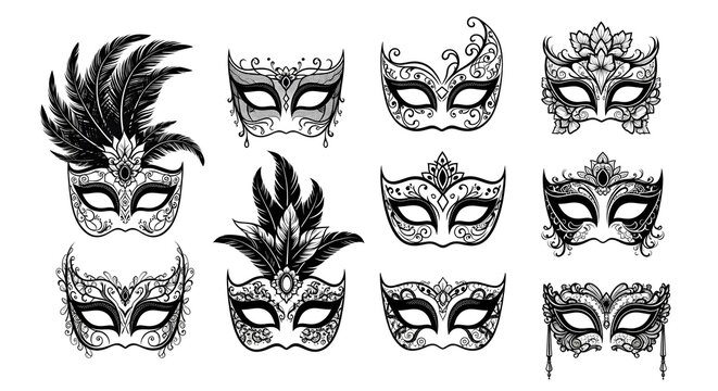 Elegant black and white venetian carnival masks with feathers