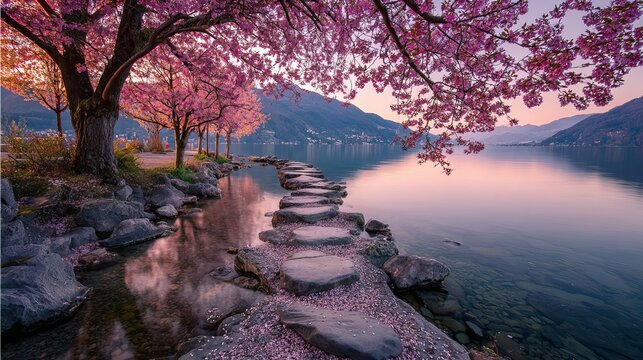 A serene landscape of a lake with cherry blossom trees and stone steps leading to the water's edge at sunset