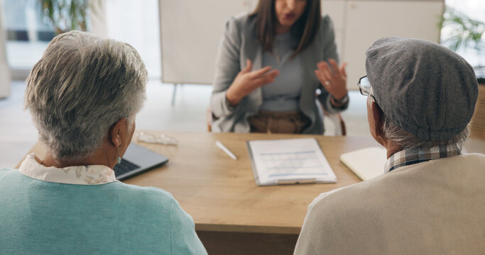 Office, document or old couple with consultant for appointment, will planning or beneficiary update. Talking, insurance agent or senior people with power of attorney contract, policy help or advice