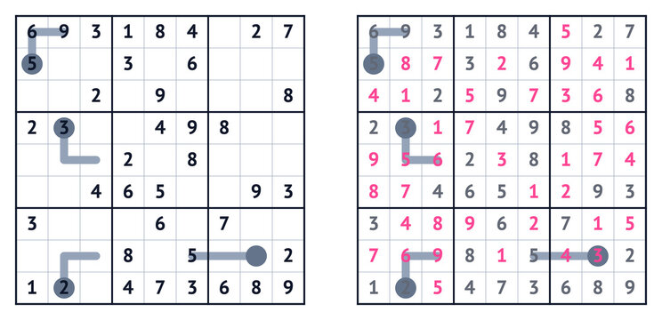 Sudoku puzzle grid template with solution and numeric digits concept  