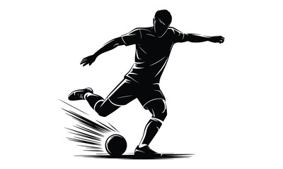 Fototapeta premium Dramatic black silhouette of a professional soccer player kicking a ball with powerful motion against a stark white background.