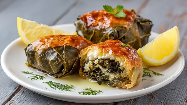 A plate of traditional dolmas with lemon wedges and fresh herbs on a rustic wooden table