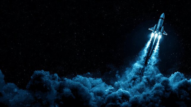A rocket ship blasts off into the night sky with a trail of flames and smoke
