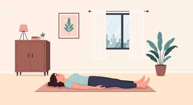 Vector illustration of a woman lying on a pink yoga mat in a minimalist living room, performing body scan meditation or Savasana corpse pose for mindfulness and stress relief.