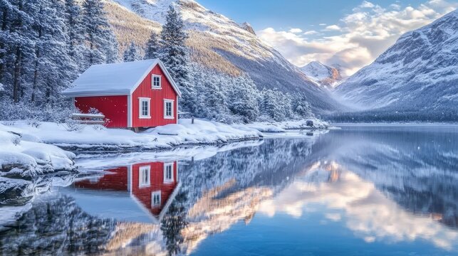 Serene mountain reflections beside a charming red cabin.