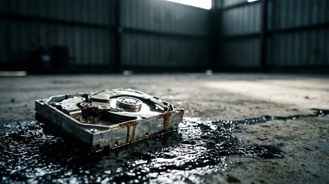 Damaged exposed hard drive submerged in dark liquid on a concrete floor as a concept of cyber breach aftermath and permanent data loss