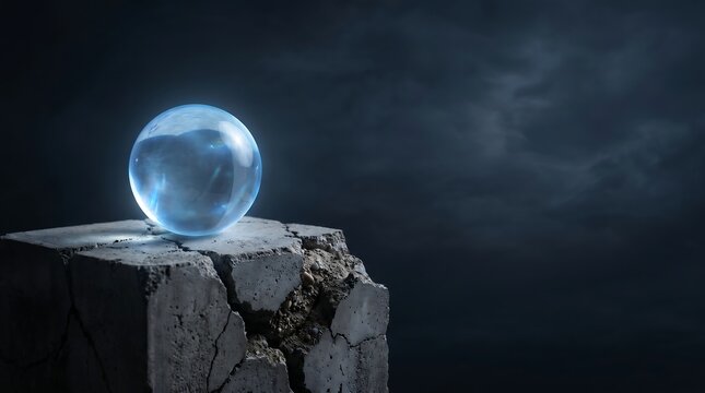 Flawless glowing blue crystal sphere resting on a cracked concrete pedestal against a dark sky as a concept of a system restore point and data backup